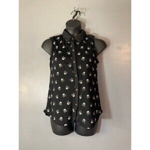 Blu Planet black sheer skull print button up blouse